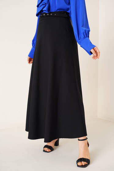 İnce Kemerli Etek Siyah - Uzun Etek