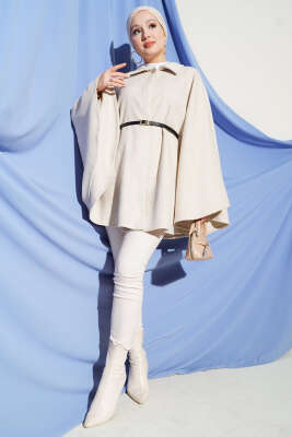 İnce Kemerli Gömlek Yaka Kaşe Panço Bej - Panço