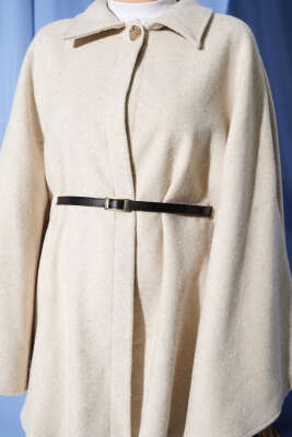 İnce Kemerli Gömlek Yaka Kaşe Panço Bej - Panço