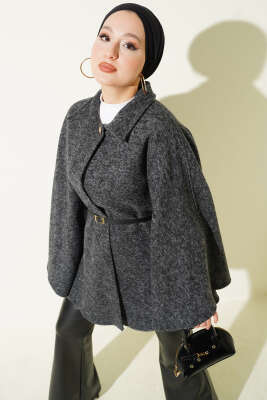 İnce Kemerli Gömlek Yaka Kaşe Panço Füme - ELİVA