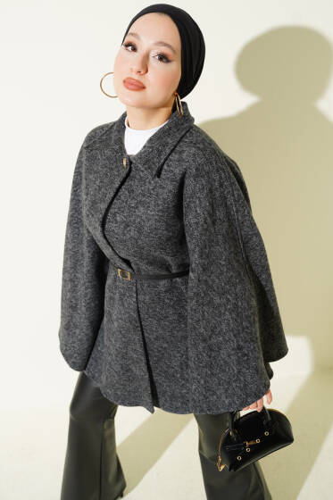 İnce Kemerli Gömlek Yaka Kaşe Panço Füme - Panço