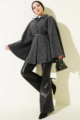 İnce Kemerli Gömlek Yaka Kaşe Panço Füme - Panço