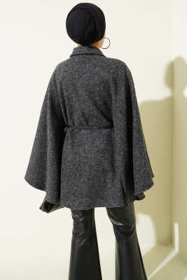 İnce Kemerli Gömlek Yaka Kaşe Panço Füme - Panço