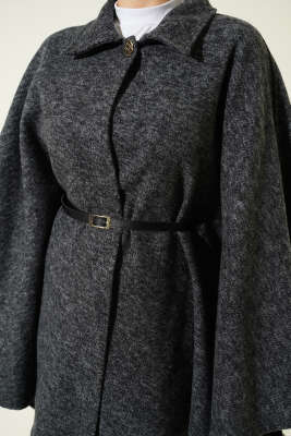 İnce Kemerli Gömlek Yaka Kaşe Panço Füme - Panço