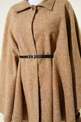 İnce Kemerli Gömlek Yaka Kaşe Panço Latte - Panço