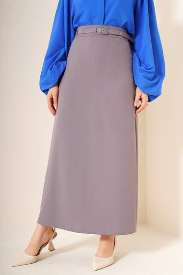 İnce Kemerli Kalem Etek Gri - Uzun Etek