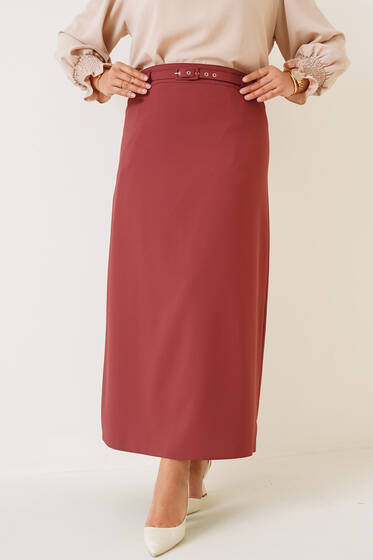 İnce Kemerli Kalem Etek Gül Kurusu - Uzun Etek