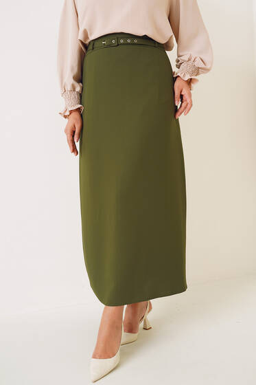 İnce Kemerli Kalem Etek Haki - Uzun Etek