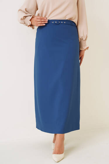 İnce Kemerli Kalem Etek İndigo - Uzun Etek