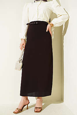 İnce Kemerli Kalem Etek Kahve 