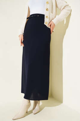 İnce Kemerli Kalem Etek Lacivert - ALİ AKKAYA