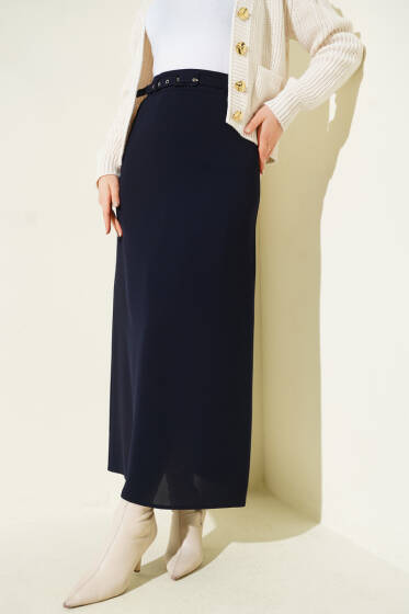İnce Kemerli Kalem Etek Lacivert - Etek
