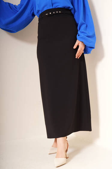 İnce Kemerli Kalem Etek Siyah - Uzun Etek