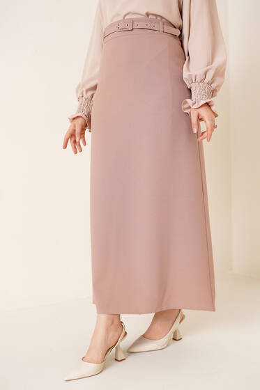 İnce Kemerli Kalem Etek Vizon - Uzun Etek