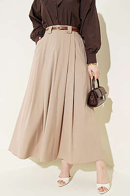 İnce Kemerli Pile Detaylı Etek Bej - FİXAY