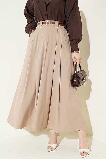 İnce Kemerli Pile Detaylı Etek Bej - Etek