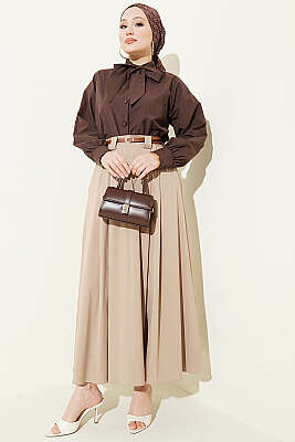 İnce Kemerli Pile Detaylı Etek Bej - Etek