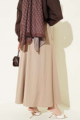 İnce Kemerli Pile Detaylı Etek Bej - Etek