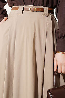 İnce Kemerli Pile Detaylı Etek Bej - Etek