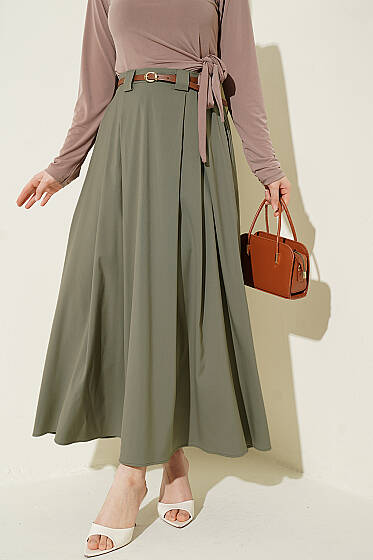 İnce Kemerli Pile Detaylı Etek Çağla Yeşili - Etek