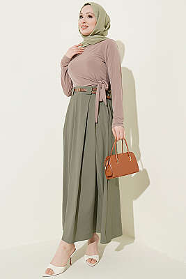 İnce Kemerli Pile Detaylı Etek Çağla Yeşili - Etek