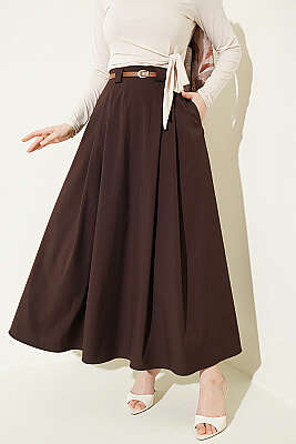 İnce Kemerli Pile Detaylı Etek Kahve - FİXAY