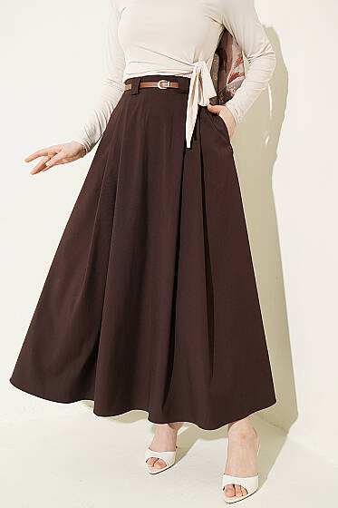 İnce Kemerli Pile Detaylı Etek Kahve - Etek