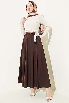 İnce Kemerli Pile Detaylı Etek Kahve - Etek