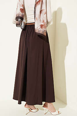 İnce Kemerli Pile Detaylı Etek Kahve - Etek