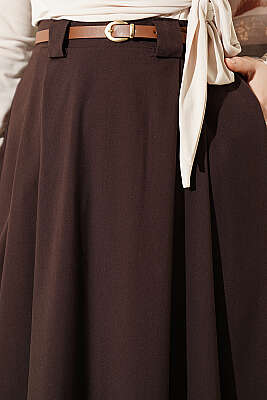 İnce Kemerli Pile Detaylı Etek Kahve - Etek