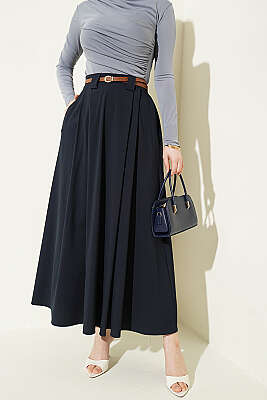 İnce Kemerli Pile Detaylı Etek Lacivert - FİXAY