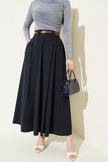 İnce Kemerli Pile Detaylı Etek Lacivert - Etek