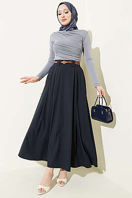 İnce Kemerli Pile Detaylı Etek Lacivert - Etek