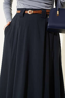 İnce Kemerli Pile Detaylı Etek Lacivert - Etek