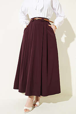 İnce Kemerli Pile Detaylı Etek Mürdüm - FİXAY