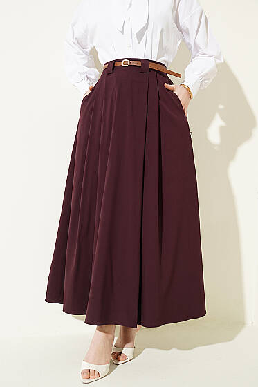 İnce Kemerli Pile Detaylı Etek Mürdüm - Etek