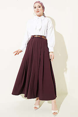 İnce Kemerli Pile Detaylı Etek Mürdüm - Etek