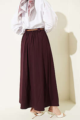 İnce Kemerli Pile Detaylı Etek Mürdüm - Etek