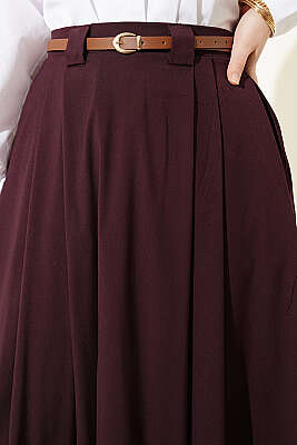 İnce Kemerli Pile Detaylı Etek Mürdüm - Etek