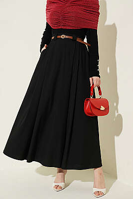 İnce Kemerli Pile Detaylı Etek Siyah - FİXAY