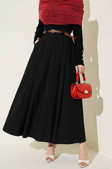 İnce Kemerli Pile Detaylı Etek Siyah - Etek