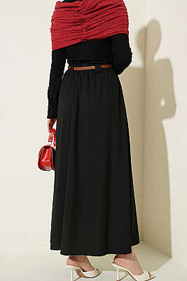 İnce Kemerli Pile Detaylı Etek Siyah - Etek