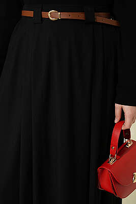 İnce Kemerli Pile Detaylı Etek Siyah - Etek