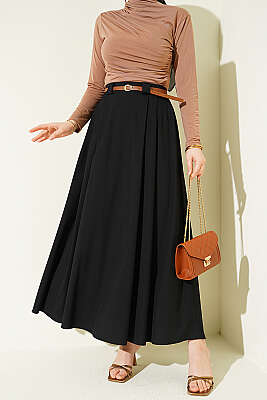 İnce Kemerli Pile Detaylı Etek Siyah - FİXAY