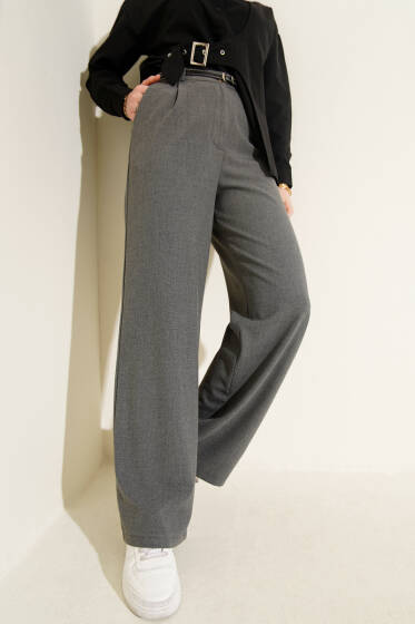 İnce Kemerli Pileli Kumaş Pantolon Füme - Pantolon