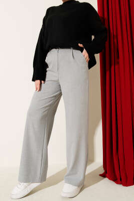 İnce Kemerli Pileli Kumaş Pantolon Gri - Pantolon