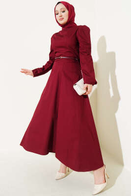 İnce Kemerli Poplin Elbise Bordo - HEWES