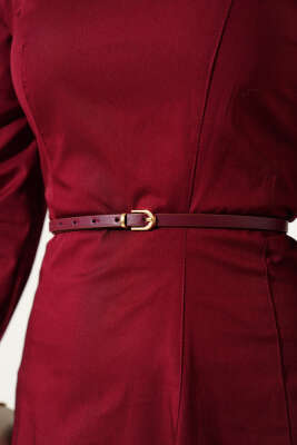 İnce Kemerli Poplin Elbise Bordo - Tesettür Elbise