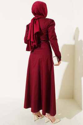 İnce Kemerli Poplin Elbise Bordo - Tesettür Elbise