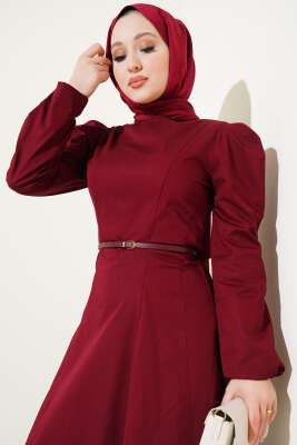 İnce Kemerli Poplin Elbise Bordo - Tesettür Elbise